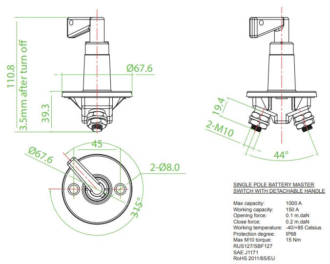 Hauptschalter 150 A von Orbitrade kompatibel mit Volvo Penta 1140319, 243700